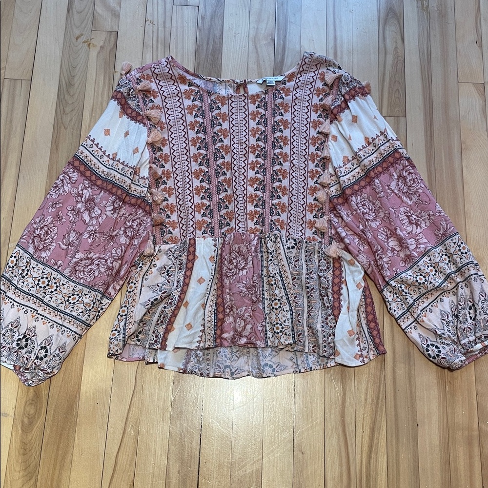 American Eagle Outfitters Embroidered Boho Top with Tassels